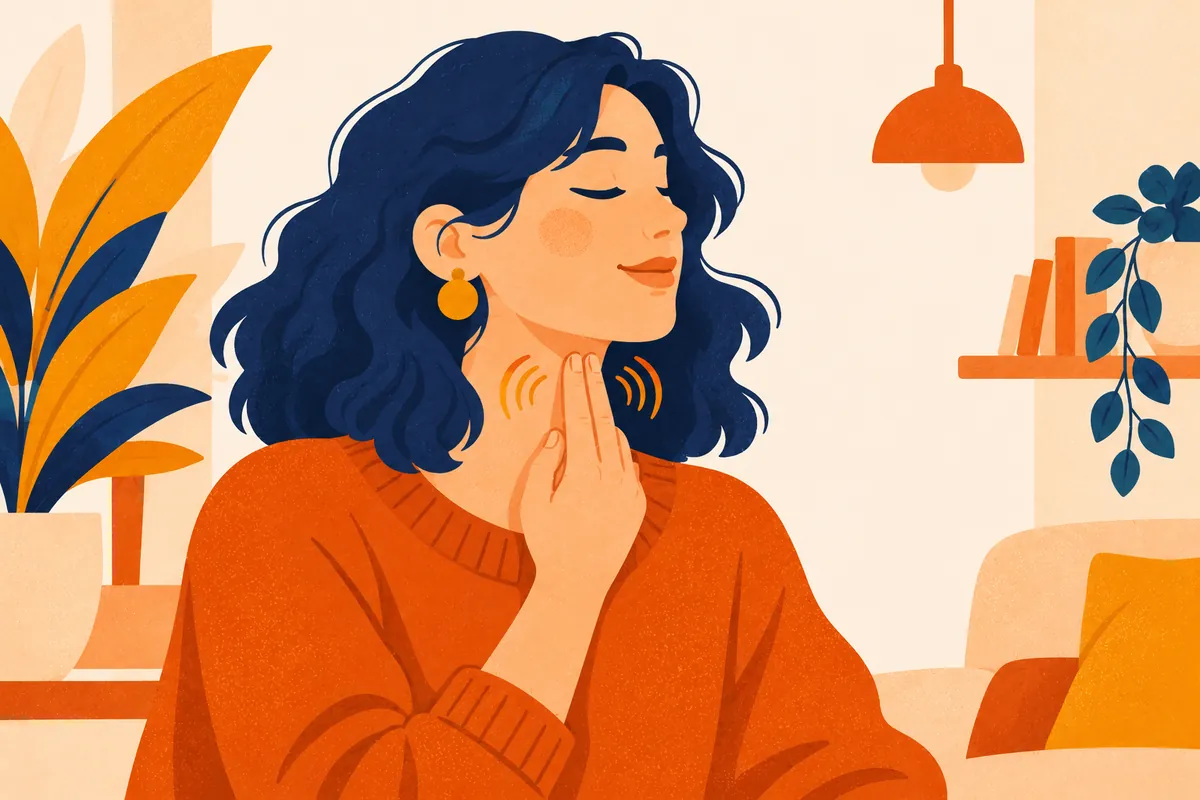 Illustration: fingertips resting on the throat to feel the voice buzz