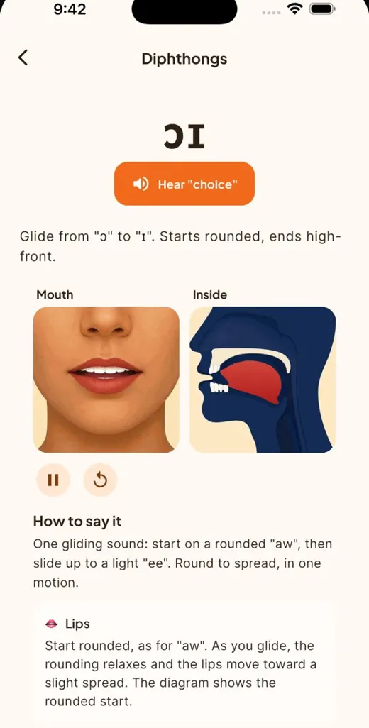 Diphthong lesson with mouth and tongue diagrams
