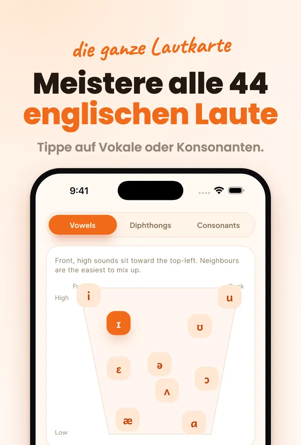 Accenty englische Lautkarte: Tippe auf einen Vokal oder Konsonanten, um ihn zu hören