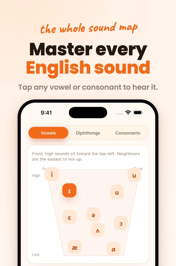 Accenty sound map: tap any vowel or consonant to hear it