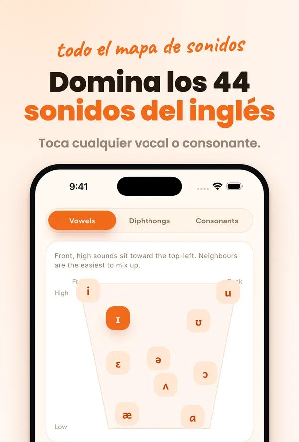 Mapa de sonidos en inglés de Accenty: toca cualquier vocal o consonante para escucharla
