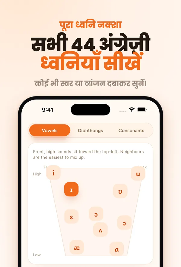 Accenty अंग्रेज़ी ध्वनि मैप: किसी भी स्वर या व्यंजन को सुनने के लिए उस पर टैप करें