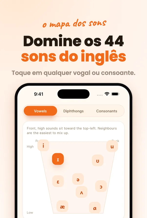Mapa de sons do inglês do Accenty: toque em qualquer vogal ou consoante para ouvir