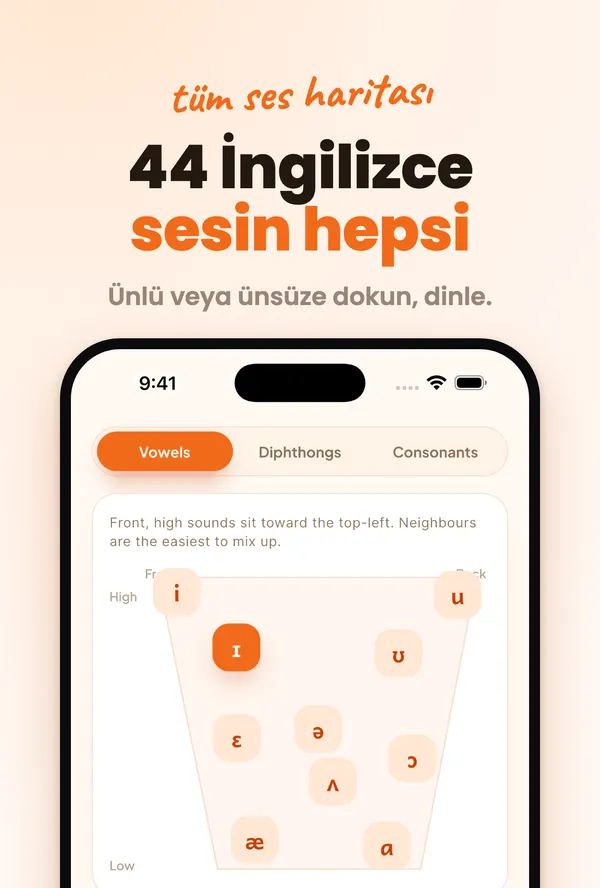 Accenty İngilizce ses haritası: Duymak için herhangi bir ünlüye veya ünsüze dokun