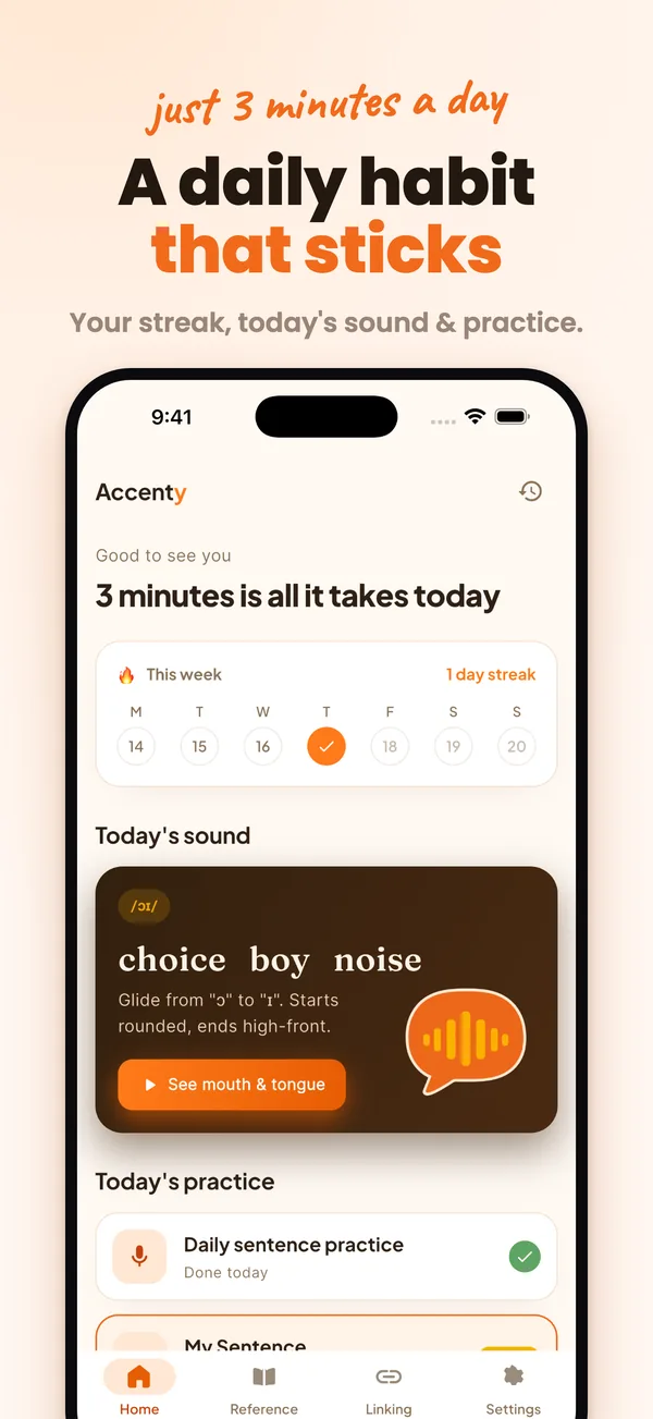 Accenty home: streak, today's sound and daily sentence practice