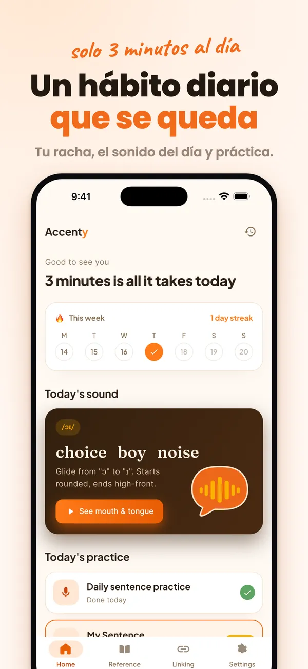 Inicio de Accenty: un hábito diario de pronunciación de 3 minutos
