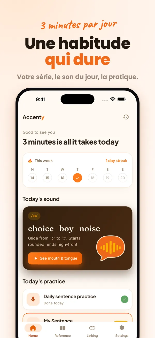 Accueil d'Accenty : une habitude quotidienne de 3 minutes de prononciation