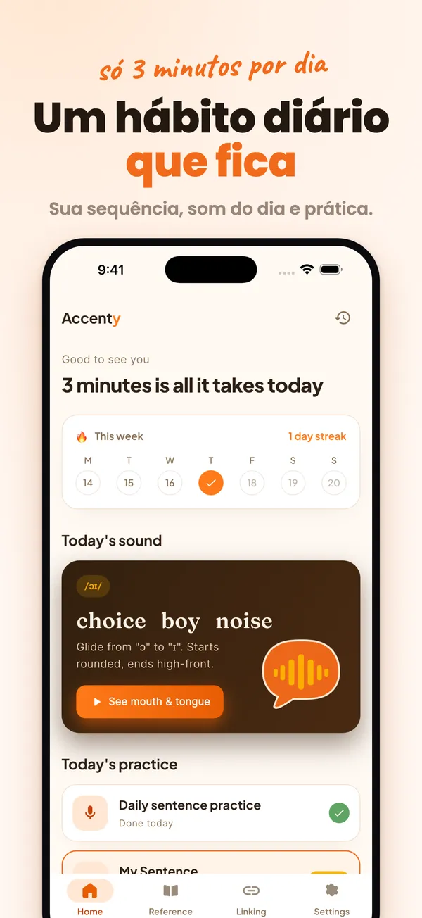 Início do Accenty: um hábito diário de pronúncia de 3 minutos
